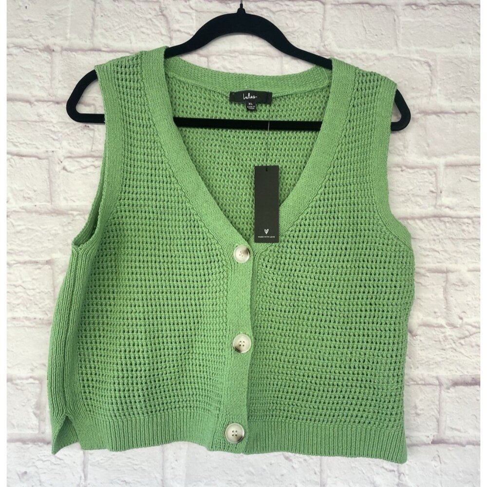 Lulus Aesthetic Ease Green Pierced knit Botton-Front Cropped  Tank Top XL